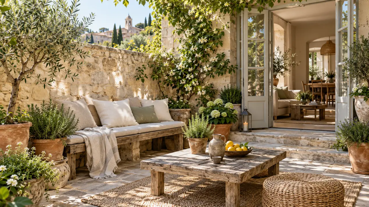 Patio chaleureux entouré de plantes, aménagé avec des matériaux naturels