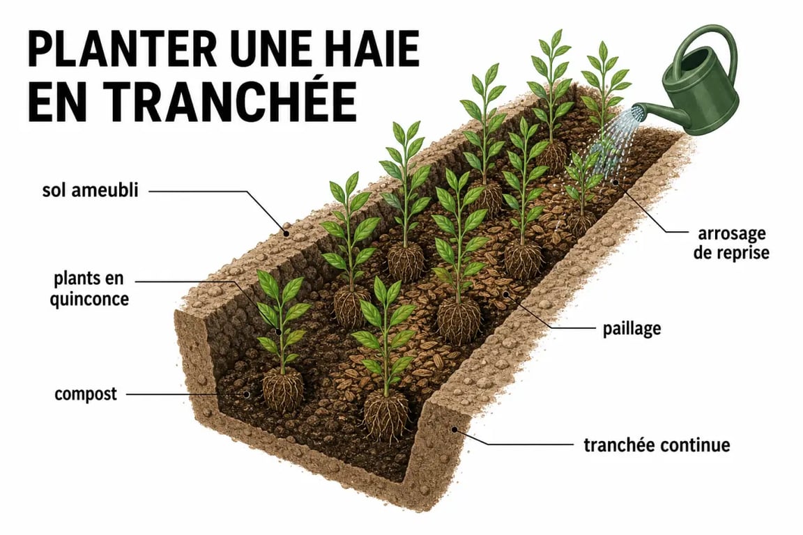 Plantation d'une haie de jardin en tranchée avec quinconce et paillage