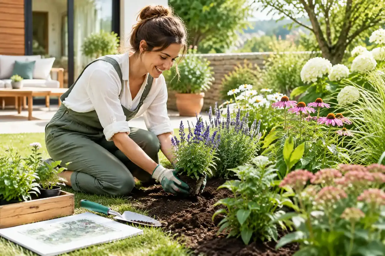 Massif de jardin harmonieux composé de vivaces, de graminées et de fleurs aux tons naturels