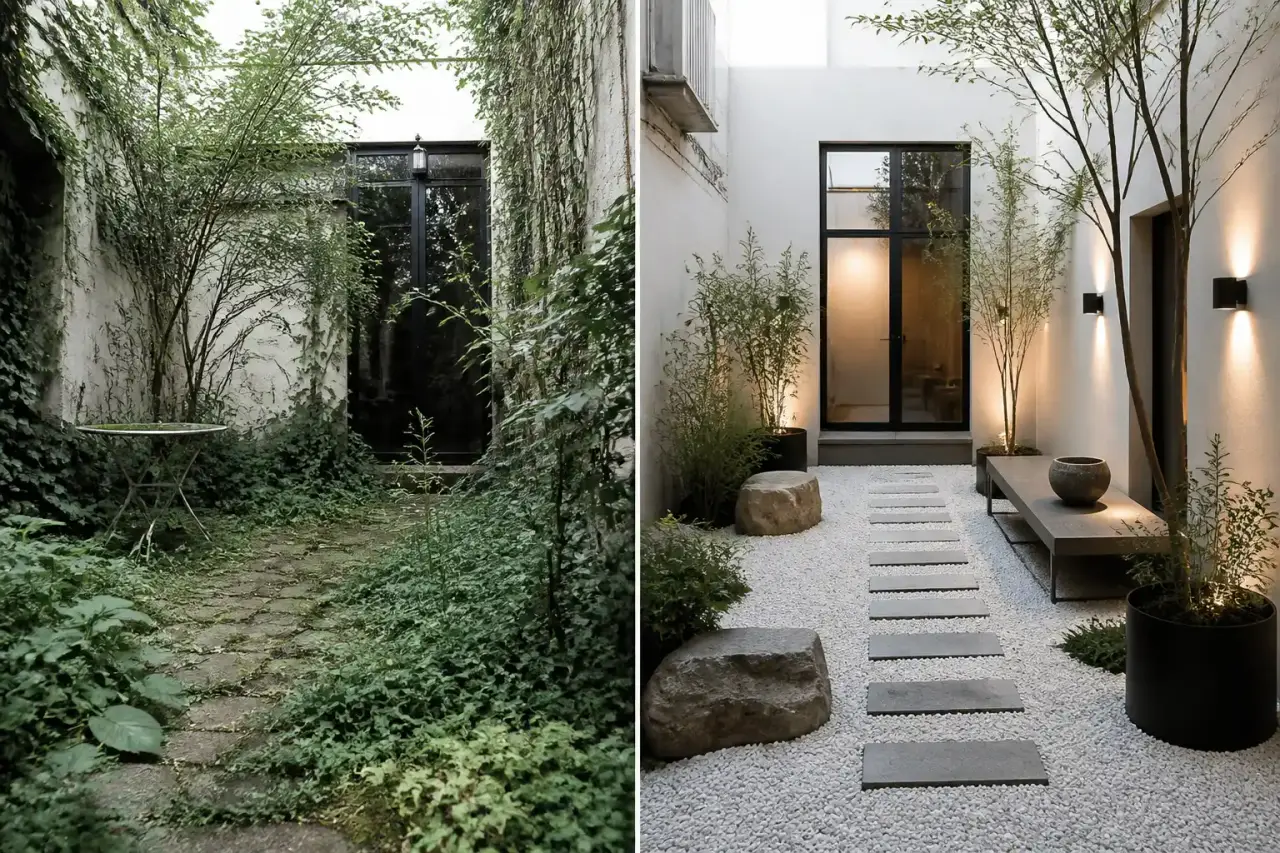 Patio réaménagé dans un esprit minéral, avec murs clairs, galets, banc en bois brut et végétation discrète