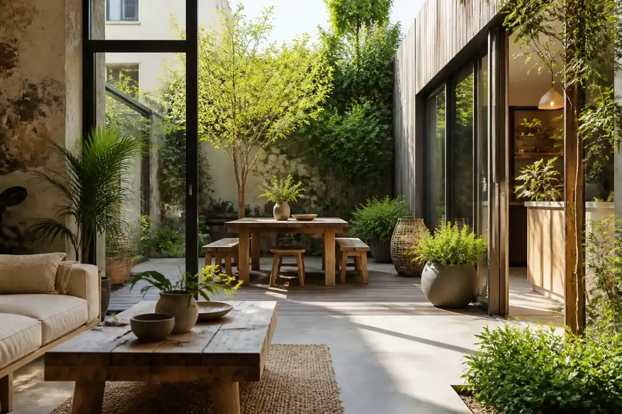 Intérieur lumineux s'ouvrant sur un jardin luxuriant, style slow living