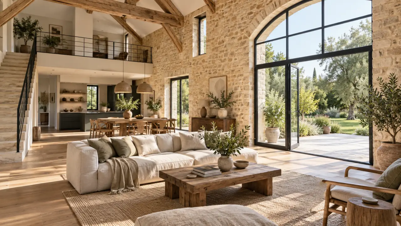 Ancienne grange rénovée en maison lumineuse avec murs minéraux et grandes ouvertures