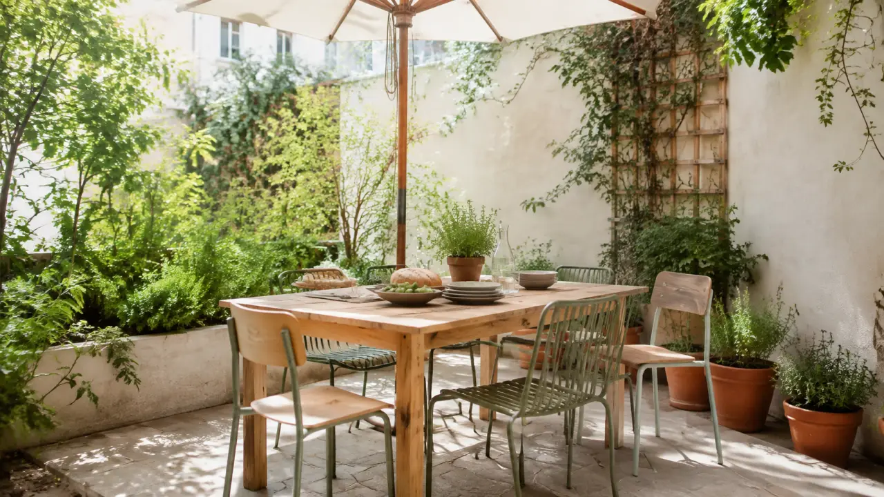 Coin repas extérieur chaleureux avec table en bois, chaises naturelles et végétation