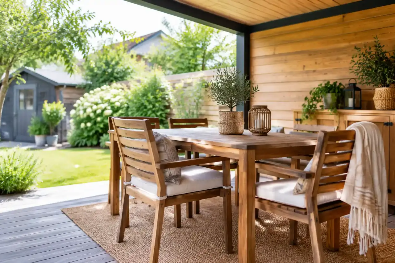 Mobilier de jardin en bois installé sous un abri lumineux
