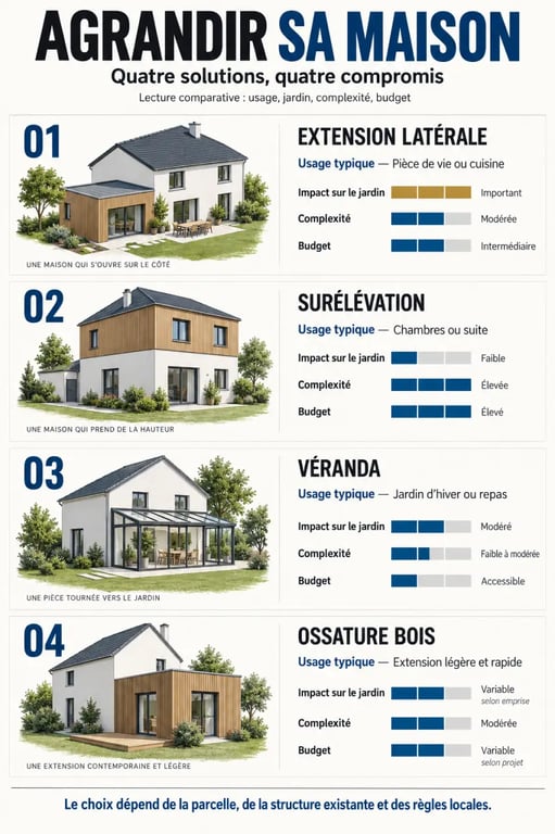 Infographie comparative des solutions d’extension de maison : extension latérale, surélévation, véranda et ossature bois