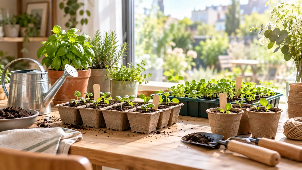 Jeunes plants issus de semis en intérieur près d'une fenêtre lumineuse