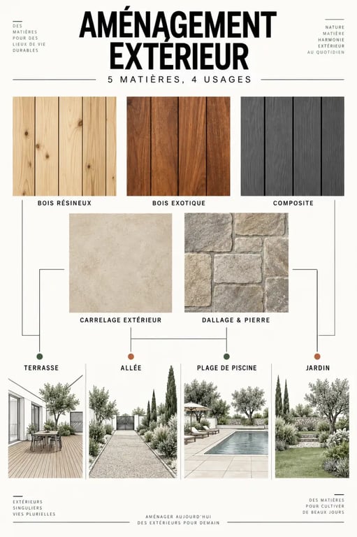Catalogue aménagement extérieur : comparaison visuelle des matériaux pour terrasse, allée et piscine