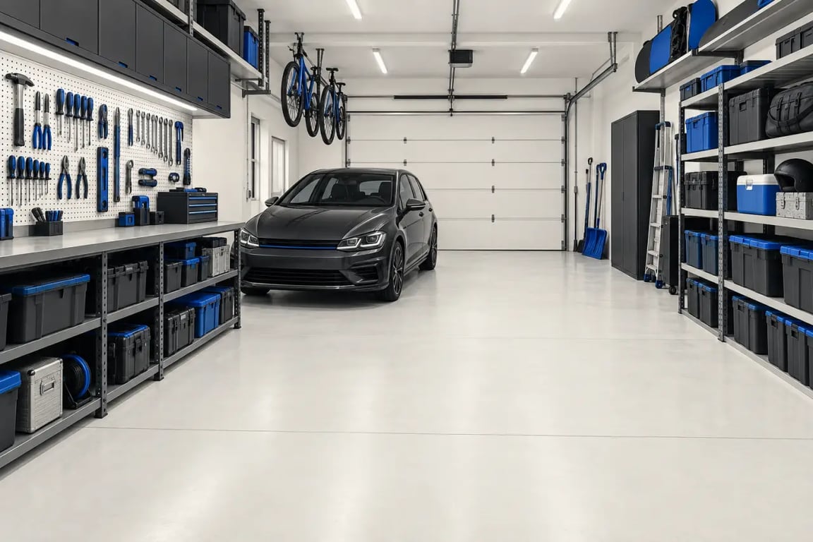 Optimisation rangement garage avec zones fonctionnelles, sol dégagé et rangements muraux