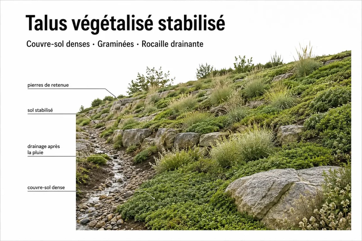 Photo aménagement jardin en pente avec talus végétalisé, rocaille et drainage