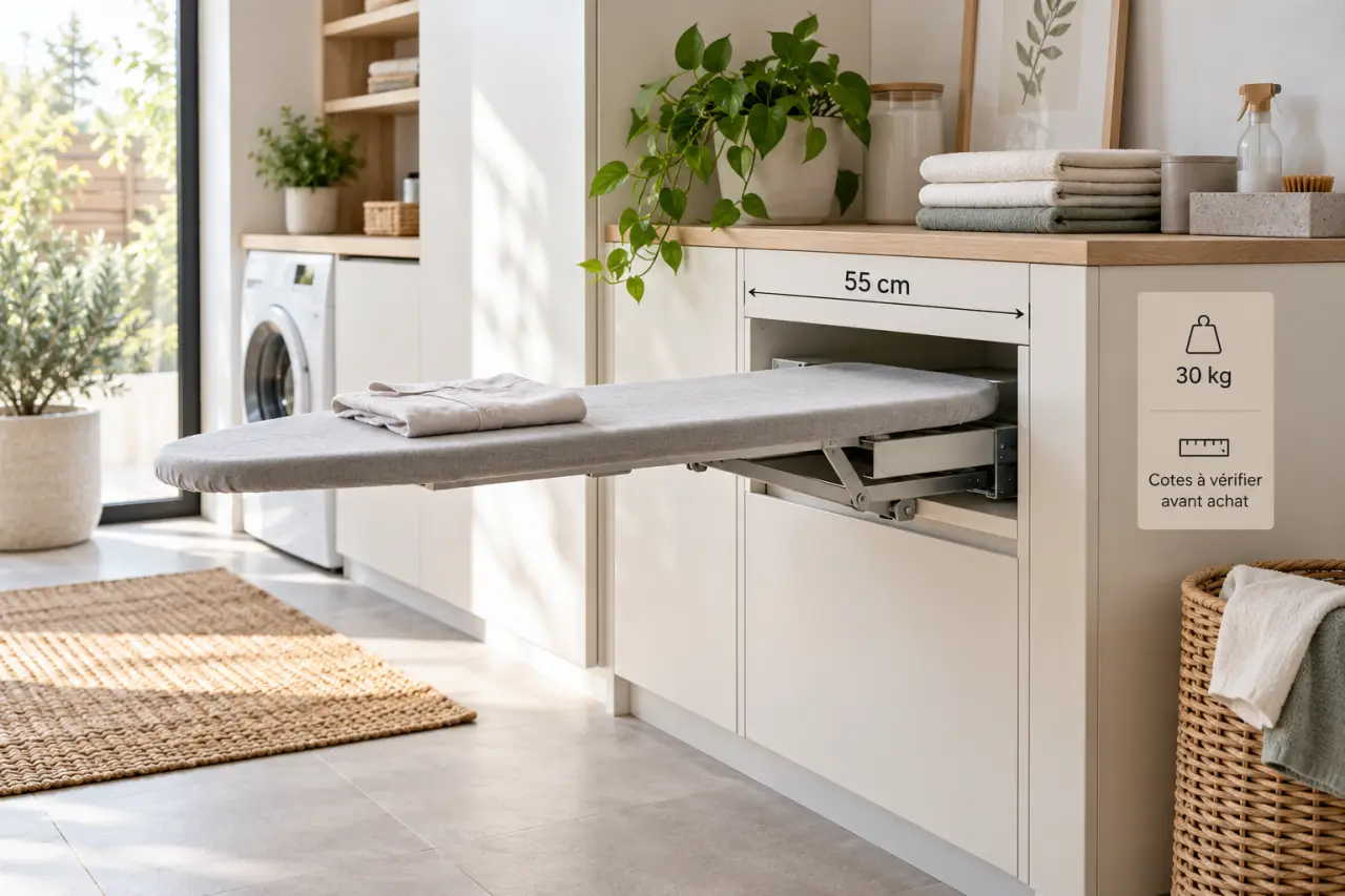 Table à repasser dans un meuble : 55 cm de large, 30 kg et les cotes à vérifier avant d'acheter