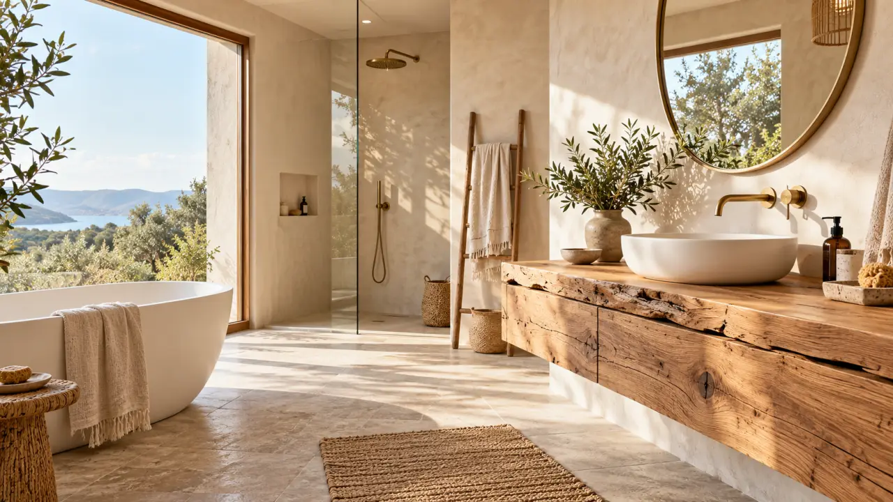 Salle de bains lumineuse avec meuble en bois brut et matériaux naturels