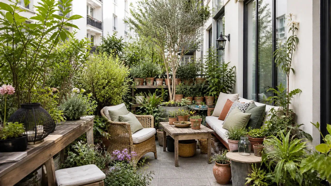 Petit jardin urbain lumineux avec plantes naturelles et circulation dégagée