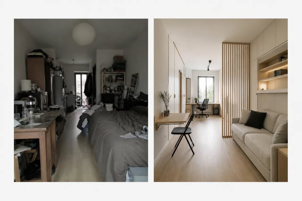Avant après d’un aménagement petit studio optimisé et plus lumineux