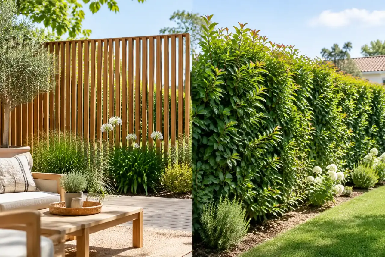 Jardin contemporain protégé par un claustra en bois et une haie végétale