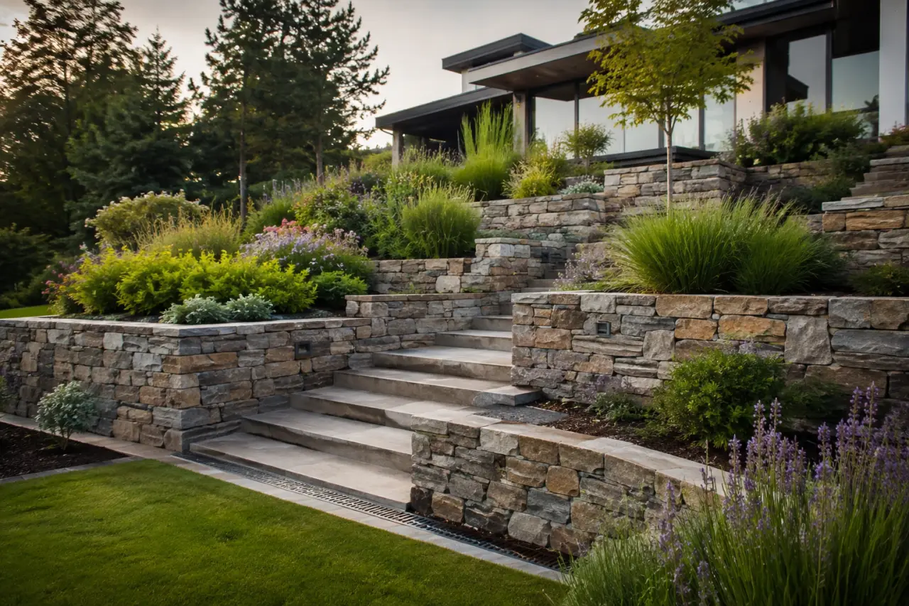 Jardin en pente : terrasses, paliers et drainage pour un terrain stable
