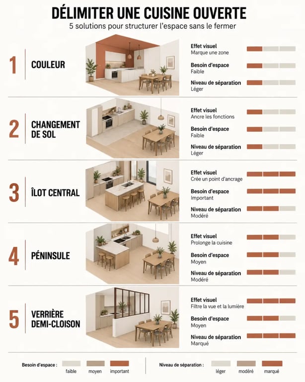 Cuisine salle à manger ouverte : comparaison des solutions de délimitation par couleur, sol, îlot, péninsule et verrière