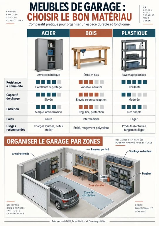 Infographie sur le meuble garage rangement en acier, bois ou plastique et organisation des zones de stockage